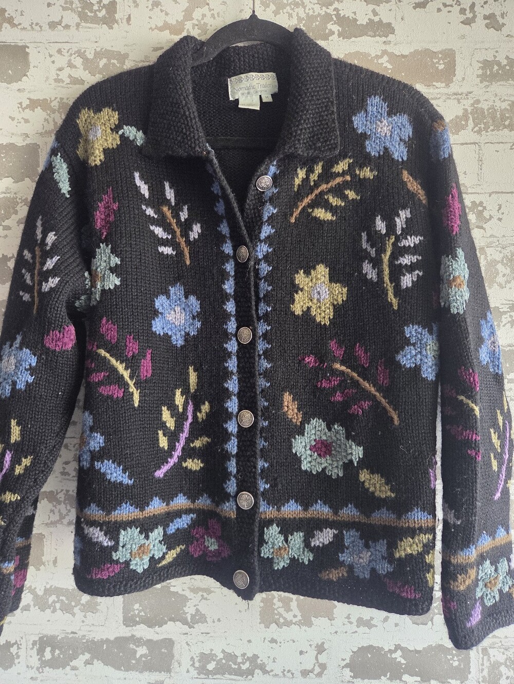 Vintage Nomadic Traders Wool Blend Floral Knit Cardigan Sweater – Women’s Size M